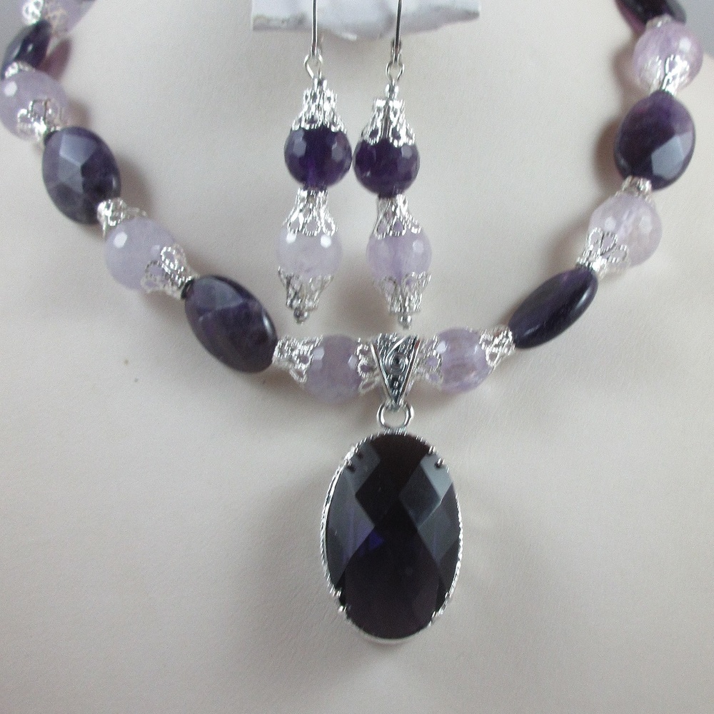 Amethyst, two tone, neckace and earrings